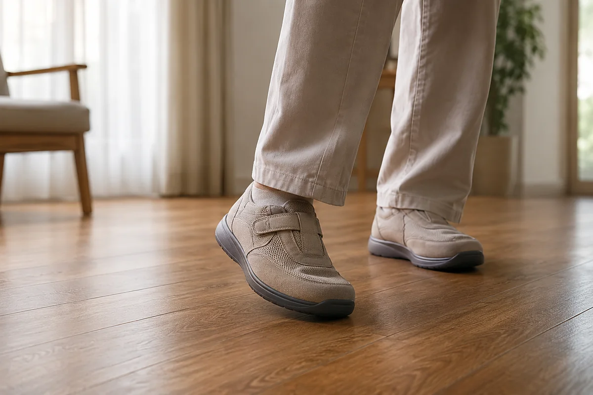An older adult walking carefully across a room at home