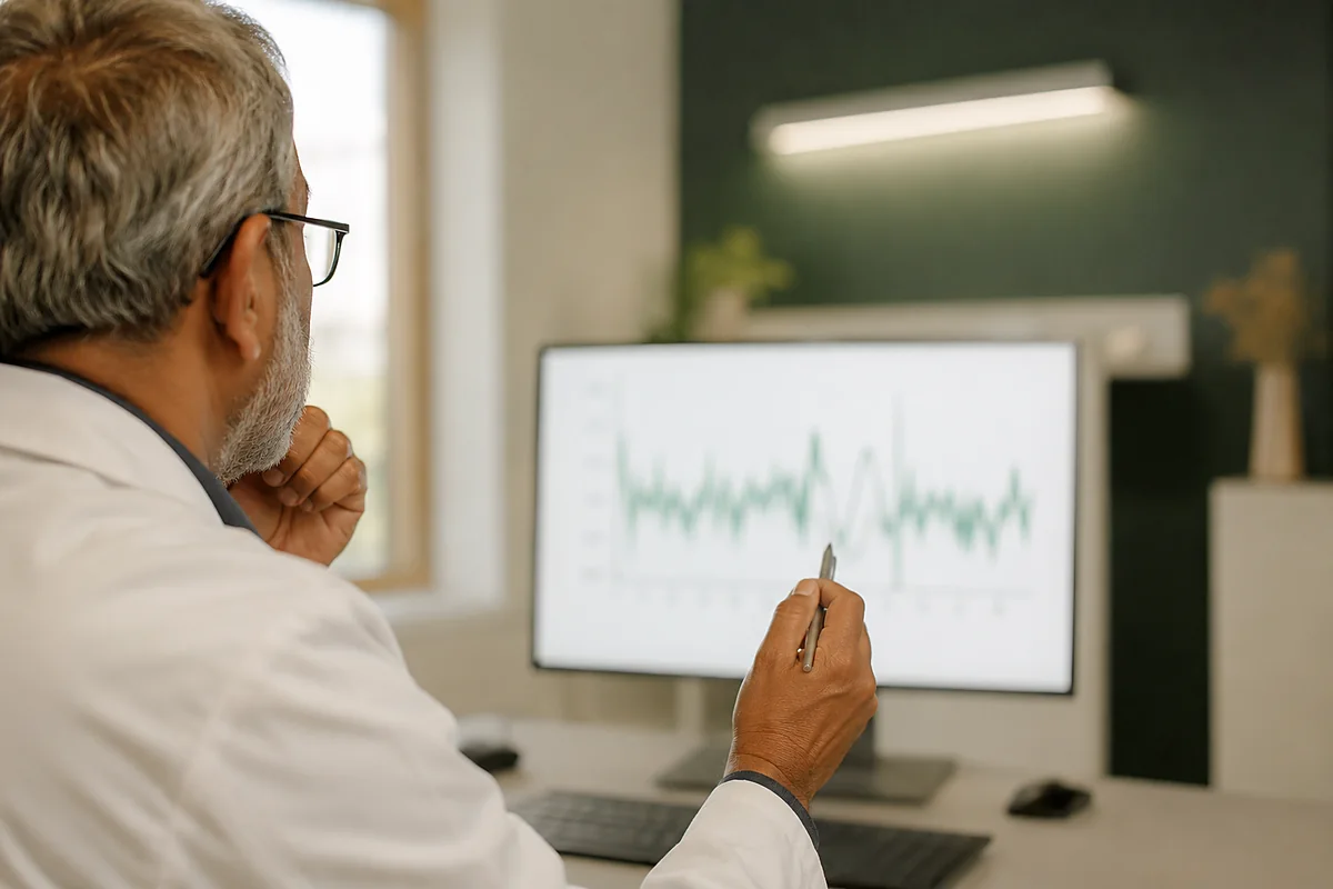 A clinician reviewing a patient's gait-signal readout on screen