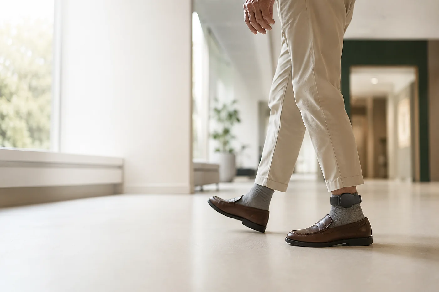 An older adult walking through a clinic corridor wearing the FoGO Health ankle sensor